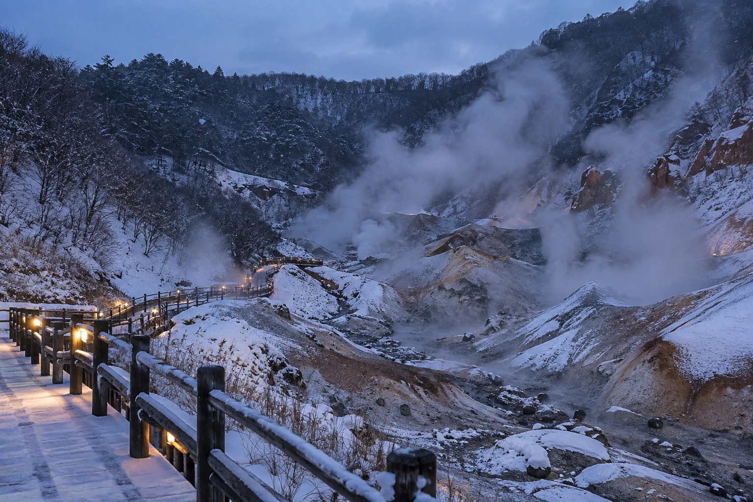 冬季登别地狱谷的雪与蒸汽